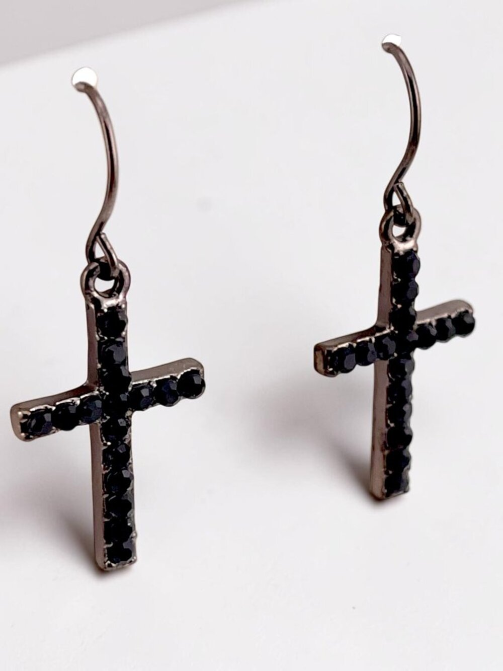 Black Crystal Cross Earrings Dark Romance Gothic Vintage Spain Prong Set